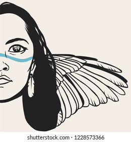 Native american woman with long hair and bird wing. Vector hand drawn illustration