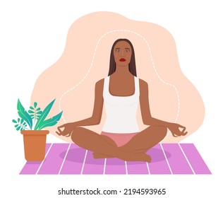 Native American woman meditating at home. Concept illustration for yoga, meditation, relax, recreation, healthy lifestyle. illustration in flat cartoon style.