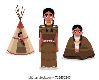 Native American Woman Poses Cartoon Vector Illustration