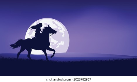 native American woman riding horse against full moon - legend wild west scene silhouette landscape vector design