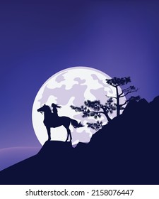 native american woman riding horse standing at mountain cliff against full moon - legend wild west night scene silhouette landscape vector design