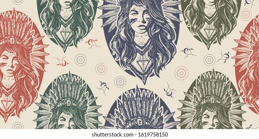 Native American woman. Seamless pattern. Packing old paper, scrapbooking style. Vintage background. Medieval manuscript, engraving art. Girl in costume of indian 