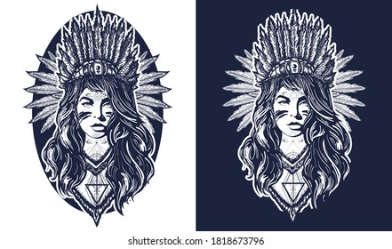 Native American woman tattoo art. Ethnic woman warrior indian t-shirt design. Black and white vector graphics 