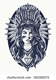 Native American woman tattoo art. Ethnic girl warrior indian t-shirt design 