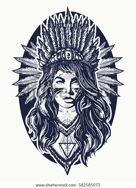美国原住民女性纹身艺术 民族少女战士印度t 恤设计库存矢量图 免版税