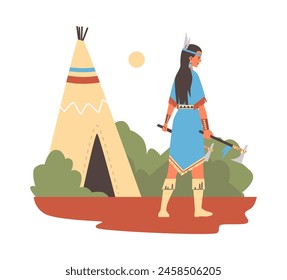 A Native American woman with traditional attire holding a tomahawk. Vector illustration depicts indigenous culture and heritage.