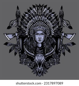 Native American Woman Warrior with Tribal frame. Vector Illustration for Tshirts
