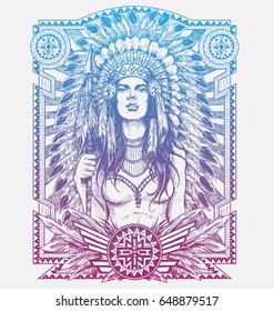 Native American Woman Warrior with Tribal frame. Vector Illustration for T-shirts