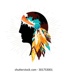 Native american women in tribal headdress. Authentic poster with silhouette