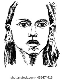 Native American.Freehand sketch of an North American Indian.Hand drawings 