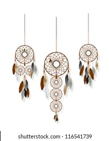 Native American-Indian dreamcatcher collection over white background.