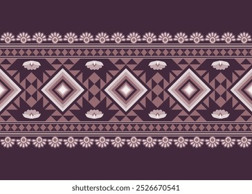 Padrão de fronteira inspirado nos nativos americanos em tons de roxo. Apresenta diamantes geométricos, motivos florais e ornamentos tradicionais. Ideal para têxteis, decoração e boho projetos.