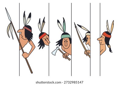 Los nativos americanos miran cuidadosamente a la vuelta de la esquina. Gente graciosa. Concepto de ilustración para el desarrollo de Sitio web y Sitio web móvil.