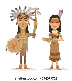 Native Americans couple. Vector flat illustration