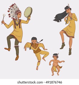 Native Americans, Dancing Indian Family In Traditional Costume With Flute And Drum, Hand Drawn Vector Illustration