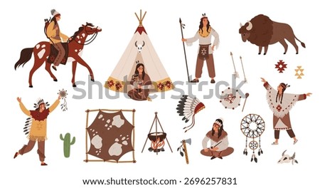 Native americans items. Indians people in traditional clothes, feather hat, household elements, dreamcatcher, horse rider and bison, ethnic men and women near wigwam garish vector cartoon isolated set