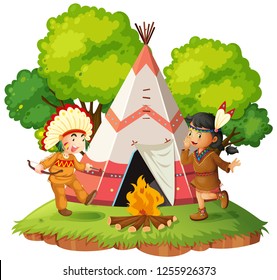Native Americans nect to teepee illustration