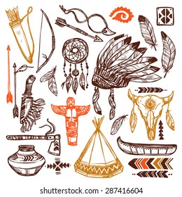 Native americans set with hand drawn feathers headband and traditional patterns isolated vector illustration