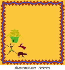 The native and animals near a hut in an ethnic frame