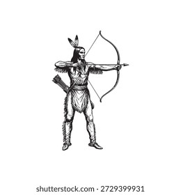 Native Archer Warrior Holding Bow and Arrow Vintage Engraving Style.