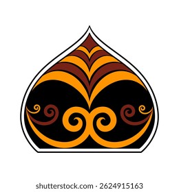 Native art patterns in the shape of water drops, curved and wavy shapes, hand-painted images, black, orange, brown tones, antique style.