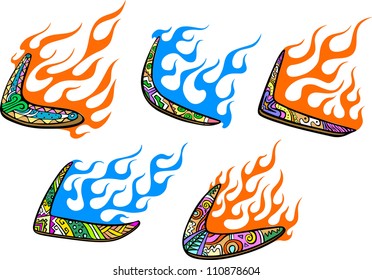 Native Australian Boomerangs with Flames. Set of color vector illustrations.