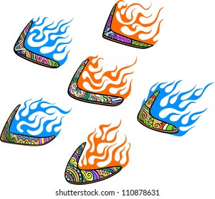 Native Australian Boomerangs with Flames. Set of color vector illustrations.
