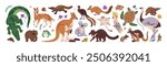 Native Australian fauna and flora set. Marsupial animals, Tasmanian devil, koala, wombat, cockatoo, crocodile. Australia symbols: kangaroo, emu. Flat isolated vector illustrations on white background.