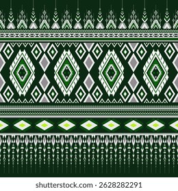 Native Aztec ethnic pattern. White and green geometric seamless ornament. Border decoration. Design for background, wallpaper, Saree Sarong;, textile, Thai silk, clothing, batik, fashion;  embroidery.