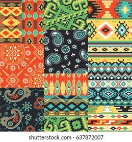 Native  and bandanna fabric patchwork vector seamless patterns