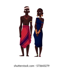 Native black aboriginal man and woman from African tribe, cartoon vector illustration isolated on white background. Couple of smiling African aborigines, full length portrait