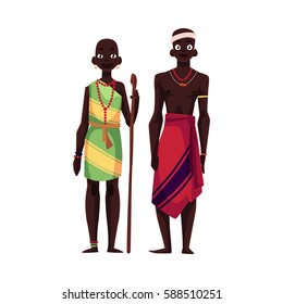 Native black aboriginal man and woman from African tribe, cartoon vector illustration isolated on white background. Couple of smiling African aborigines, full length portrait