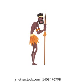 Native Black Skinned Man in Traditional Costume with Spear, African or Australian Aborigine Cartoon Character Vector Illustration