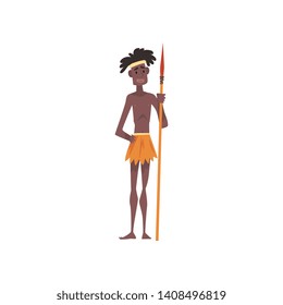 Native Black Skinned Man in Traditional Costume, Male Australian Aborigine Cartoon Character with Spear Vector Illustration