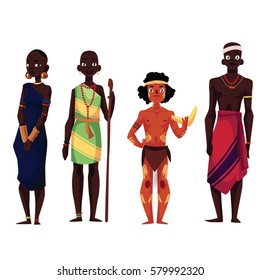 Native black skinned people of African tribes and Australian aborigine, cartoon vector illustration isolated on white background. Full length portraits of African and Australian aborigines