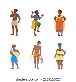 Personas nativas de piel negra vestidas con ropa tradicional. Hombres y mujeres aborígenes e ilustraciones vectoriales de tribus africanas