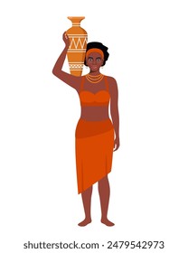 Native black skinned woman of African tribe. Full length portrait. African aborigine girl with traditional ethnic dress, standing in full growth with jug of water. Vector