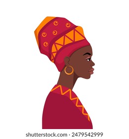 Native black skinned woman of African tribe, side view portrait. African aborigine girl with traditional ethnic dress. Vector