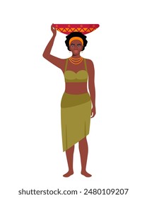 Native black skinned woman of African tribe. Full length portrait. African aborigine girl with traditional ethnic dress, standing in full growth with fruit vase on her had. Vector