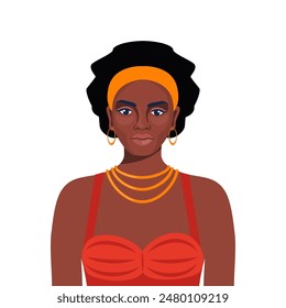 Native black skinned woman of African tribe, portrait. African aborigine girl with traditional ethnic dress. Vector