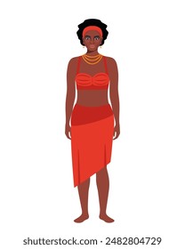 Native black skinned woman of African tribe. Full length portrait. African aborigine girl with traditional ethnic dress, standing in full growth. Vector