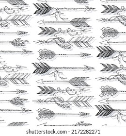 native boho aztec ethnic arrows with beads and feathers vector seamless pattern hand drawn illustration
