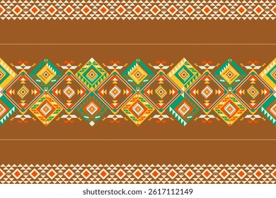 Native border pattern with diamond motifs on brown background. Green orange and yellow geometric designs create warm ethnic borders perfect for wooden home interiors and rustic decor.