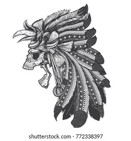 Native borneo skull wearing headdress. Skull wearing headdress.