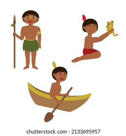 Native Brazilian vector illustration set. Indians with arrow, canoe and little jaguar.