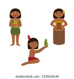 Native Brazilian vector illustration set. Indian girls with little jaguar, bird and clay pot.