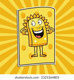 Native Cheese Mascot on Yellow Rays Background.