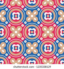 Native circles ornament, seamless pattern. Rich gold, red, blue, white colors. Mozaic style. 