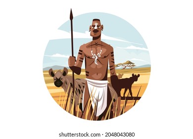 Ciudadano nativo en ilustración vectorial de naturaleza silvestre. Hombre con lanza afilada con animales salvajes en un estilo plano de fondo. Vida silvestre, libertad y concepto de guerrero masai. Aislado sobre blanco