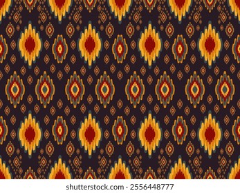Native cloth patterns with geometric shapes are yellow, green, black.